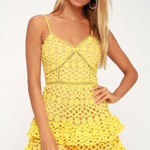 Lulu's - Beauty and Lace Yellow Crochet Lace Mini Dress